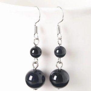 Black Obsidian Natural Stone Gemstone Round Beaded Healing Dangle Earrings